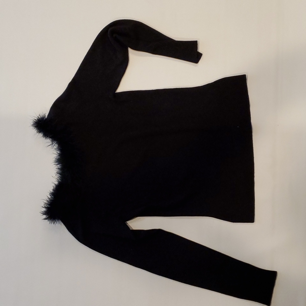 BCBG Maxazria black sweater with Maribou feather neckline